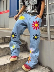 ROMWE MEN Grunge Punk Jeans con pierna acampanada y bordado para hombres - Celeste - Ver 2