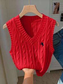 Comfortcana 秋季简约时尚休闲女式红色毛衣背心，情人节，圣诞节 - 紅色 - 查看 7