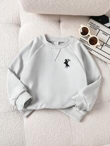 SHEIN 男童军绿色插肩袖圆领刺绣运动衫，休闲日常百搭运动户外服，春秋季 - 灰色 - 查看 7