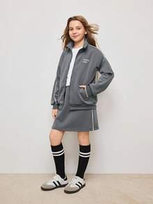 青少年女孩字母印花落肩长袖运动衫夹克和迷你裙休闲装，秋季