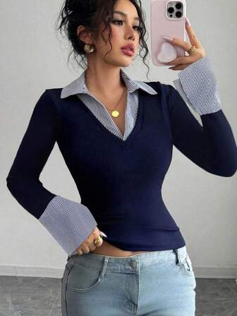 SHEIN Raffinéa Blusa de mujer de manga larga con cuello polo de escote en V, estampado de rayas azules, de ajuste ceñido, para uso casual, de negocios, conciertos, oficina, estilo "old money", para fiestas, vacaciones, citas, primavera/verano/otoño/invierno
