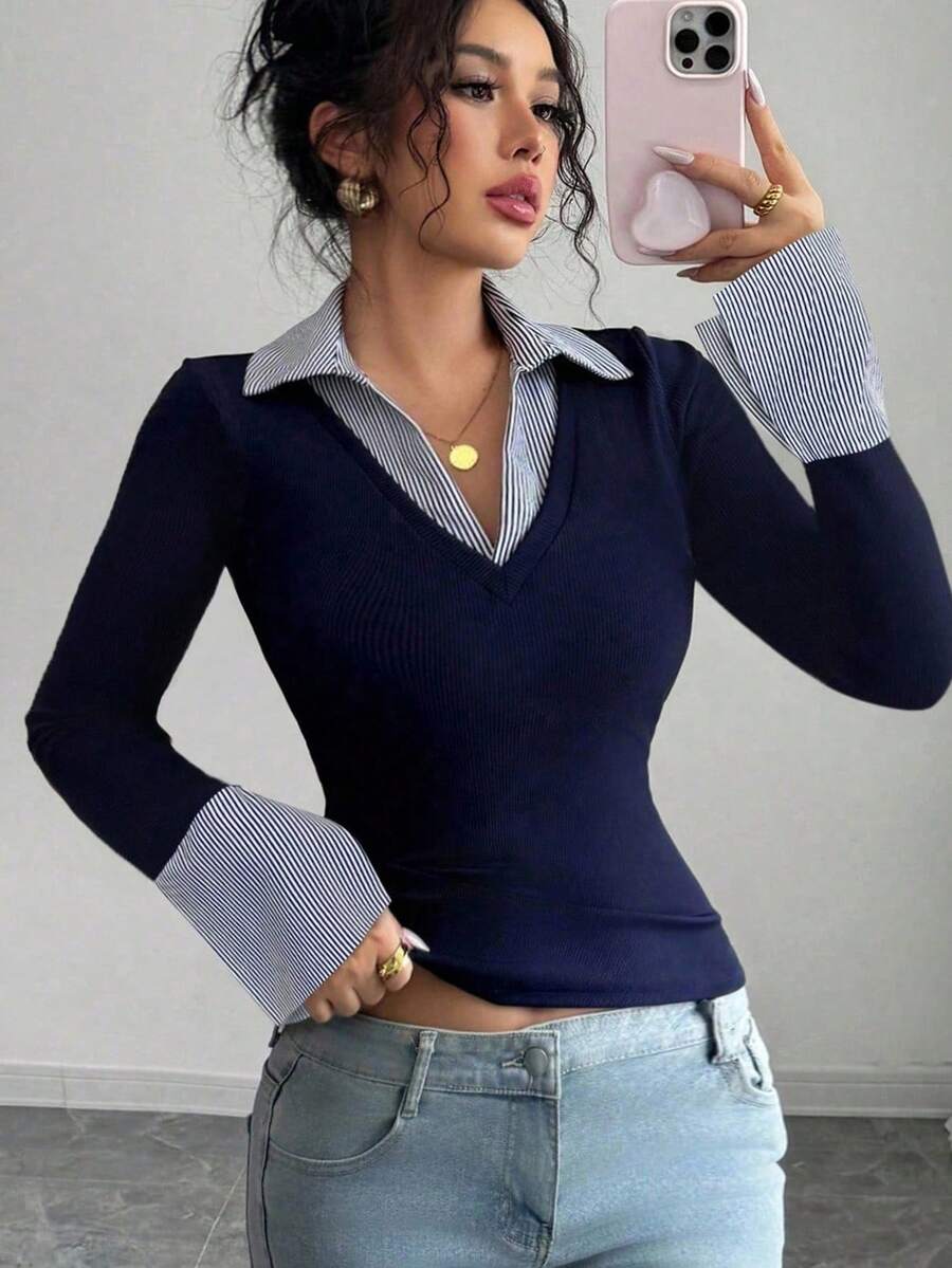SHEIN Raffinéa Blue Striped Print Contrast Women's Simple V-Neck Polo Collar Stretch Base Slim Top Women Casual Club Business Casual Concert Office Old Money Style Slim Fit Casual Daily Sexy Party Street Vacation Travel Date Spring/Summer/Autumn/Winter New Long Bell Sleeve T-Shirt