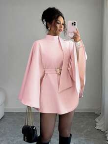 Selianne 女式纯色立领优雅斗篷羊毛大衣，秋冬 - 粉色 - 查看 1