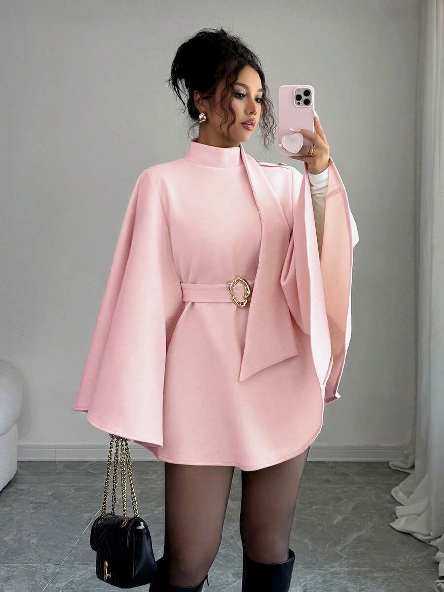 Selianne 女式纯色立领优雅斗篷羊毛大衣，秋冬 - 粉色 - 查看 1