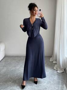 Elenzga Conjunto de punto elegante azul marino, hilo metálico brillante de alta gama, diseño de nicho de cárdigan y falda evasé, opción cómoda para fiestas vintage, viajes al trabajo y salidas en otoño/invierno - Azul - Ver 4