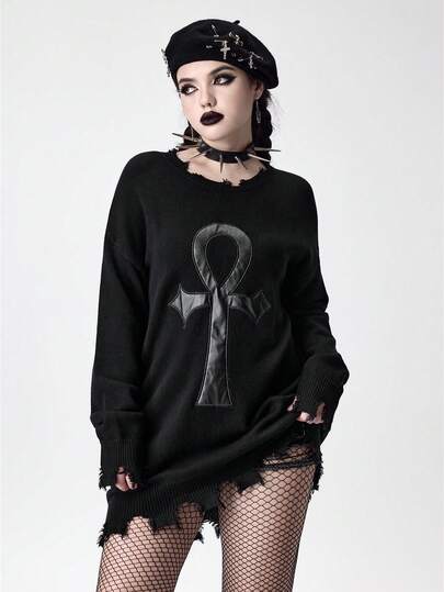 Gothic Ankh Symbol Embroidered Distressed Design Women Pullover Sweater