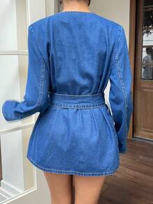 Siren Gaze Women's Blue Denim Two-Piece V-Neck Long-Sleeved Suit Jacket With Bow Belt, French Elegant Workplace Wear Autumn Suit #ChicAutumn Winter - Dark Wash - View 4