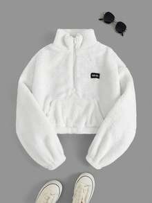 SHEIN 青少年女孩宽松休闲半拉链白色字母贴花运动衫，短款秋冬装 FoGirlen - 白色 - 查看 5