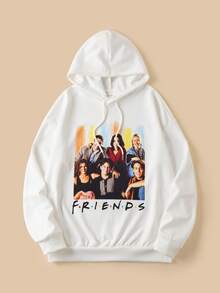FRIENDS X SHEIN 男士休闲经典人物与字母印花落肩宽松抽绳连帽衫和侧袋慢跑运动裤套装，春/秋 - 白色 - 查看 1