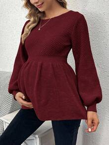 SHEIN Maternity Casual Solid Color Lantern Sleeve Sweater, Versatile For Autumn/Winter - Rose Red - View 3
