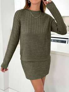 EURMUSE Casual Rib Knit Sweater & Mini Rib Knit Sweater Skirt Co-Ords - Olive Green - View 5