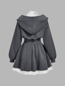 SHEIN MOD 女式撞色腰蕾丝拼布长袖连衣裙 - 深灰色 - 查看 2