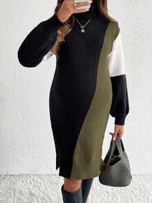 SHEIN Umstandsmode Lässig Farbblock Patchwork Rollkragen Strickkleid, Herbst/Winter