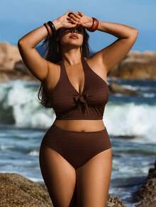 SHEIN Plus Size Women Solid Color Basic 2 Pieces Textured Crop Top & Bikini Set, Casual Vacation - Coffee Brown - View 1