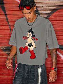 ROMWE MEN Astro Boy X ROMWE Camiseta holgada con gráfico de dibujos animados para hombre en verano - Gris Oscuro - Ver 1