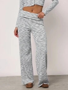 SHEIN BAE Autumn Casual Lounge Wide-Leg Pants For Women,Black And White Checkered Striped Apricot Pants,Winter Turn-Up Hem Christmas Thanksgiving Chic Clothes - White - View 6