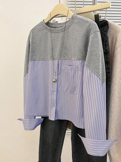 INAWLY Plus Size Casual Striped Patchwork Shirt, Autumn