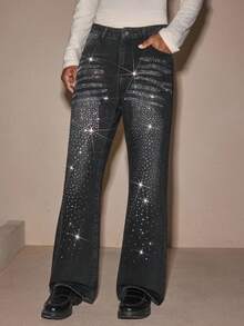 AKNOTIC Men's Fashion Rhinestone Embellished Wide Leg Jeans, Grunge - Black - View 5