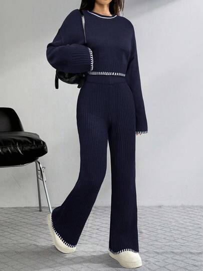 SHEIN EZwear Women's Casual Navy Blue Contrast Trim Round Neck Long Sleeve Sweater And Pants Two Pieces Suit, Women's Autumn Outfit,Cozy Fall And Winter Clothes For Women