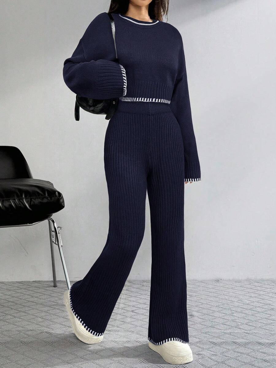 SHEIN EZwear 女式休闲海军蓝撞色镶边圆领长袖毛衣和裤子两件套西装，女式秋季服装 - 藏蓝色 - 查看 1
