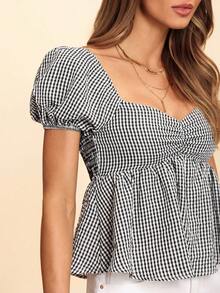 Coeurva Women's Sweetheart Neckline Checkered Shirt - Black and White - View 5