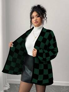Elenzga 秋冬时尚休闲拼色棋盘格拼接长袖宽松大码女士开衫，适合女士、外套、度假、派对 - 綠色 - 查看 6