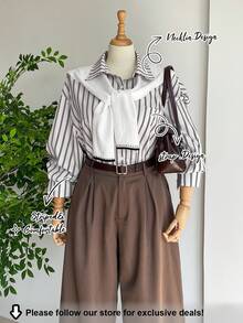 SHEIN LUNE 大码女装秋冬条纹长袖翻领衬衫女上衣日常通勤口袋设计衬衫老款风格衬衫 - 彩色 - 查看 6
