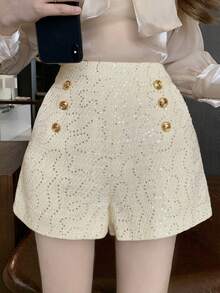 DAZY Solid Color Studded Sequin Design Women's Fashion Shorts - Apricot - View 7