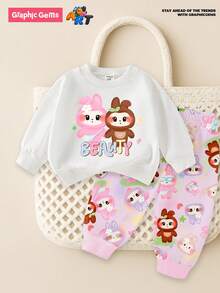 SHEIN 1 套女婴休闲可爱卡通兔子印花圆领运动衫和印花运动裤套装，秋冬 - 彩色 - 查看 5