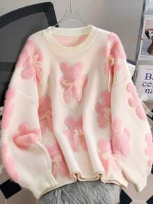 Franclia Plus Size Women Bear & Bow Decor Sweater - Apricot - View 1