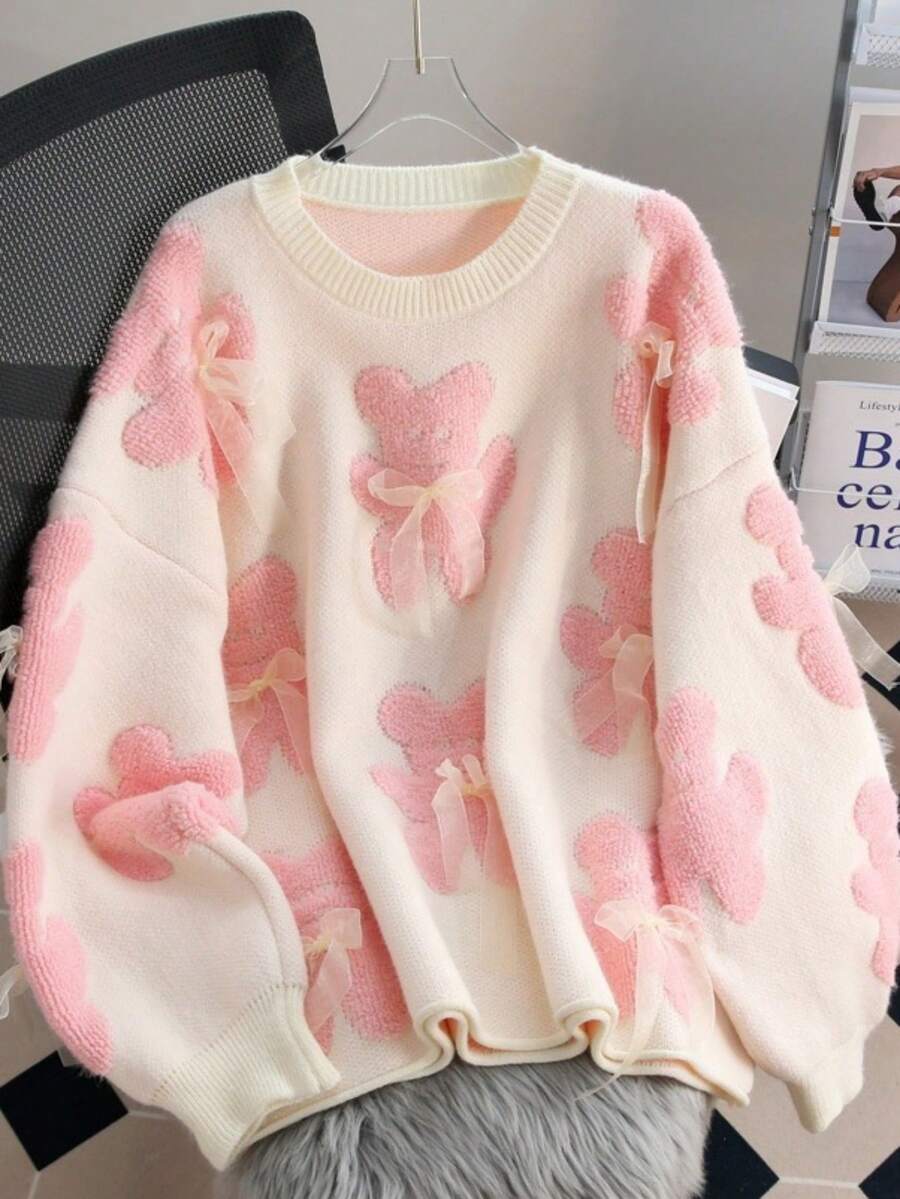 Franclia Plus Size Women Bear & Bow Decor Sweater - Apricot - View 1