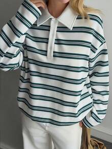 Livesso Áo nỉ cài nút vai trễ sọc thường ngày dành cho nữ, mùa thu - màu xanh lá - Xem 5