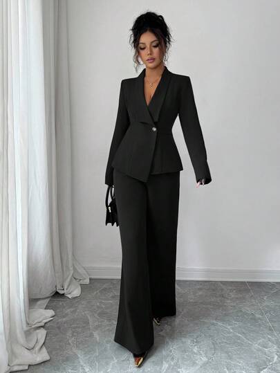 Elenzga Women's Suit Set, Suit Fabric, Lapel Collar, Long Sleeve, Waist Cinched A-Line Asymmetric Hem, Metal Button Decor, Sophisticated & Elegant For Office, Commute, Street Style, French Romantic, Casual, Middle Eastern Vintage, Afternoon Tea, Party, Thanksgiving, Back To School, Spring/Autumn/Winter