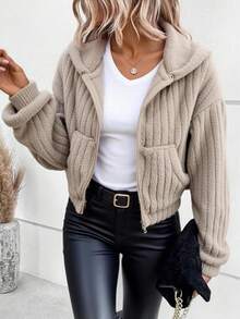 SHEIN Explorewe Chaqueta con capucha reversible de forro polar para adolescentes, cálida para actividades al aire libre, cómoda y acogedora para otoño/invierno - Caqui - Ver 1