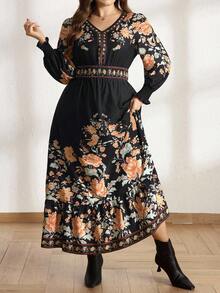 Comfylo Große Größen, Damenkleid mit Blumenmuster, gerafften Rüschenärmeln und taillierter Taille, ideal für Urlaub, Frühling/Herbst, Weihnachten, Winter und andere Anlässe. Auch als Weihnachts- oder Silvesterkleid geeignet.