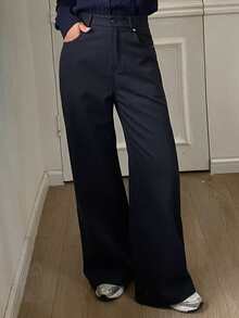 DAZY 纯色保暖宽松喇叭裤，女士休闲街头风，秋冬保暖款 - 藏蓝色 - 查看 3