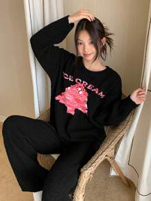 DAZY Christmas Tree Pattern Loose Long Sleeve Top & Pants 2 Pieces Pajama Set For Women, Autumn/Winter Thermal Lined, Cozy Clothes - Black - View 10