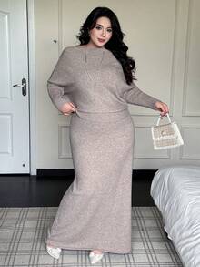 Vibekara 秋冬休闲露肩不对称蝙蝠袖针织毛衣和裙子套装 - 卡其色 - 查看 4