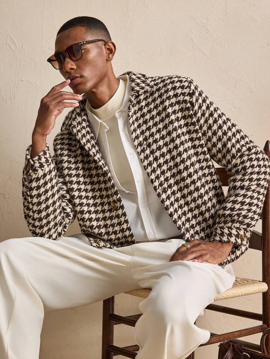 AKNOTIC Business Casual 男士时尚通勤千鸟格长袖外套，适合秋冬季、圣诞节、新年等场合，尽显魅力 - 杏色 - 查看 1