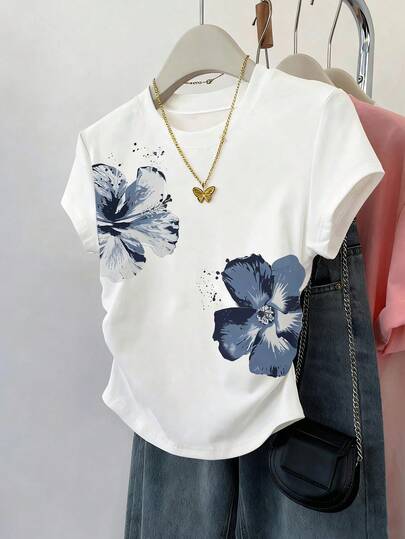 Resyla Summer New Exaggerated Ink Painting Floral Print Short Sleeve T-Shirt, Women's Waist Slimming Casual Tee For Daily Wear, Shopping, Outdoor, Tops