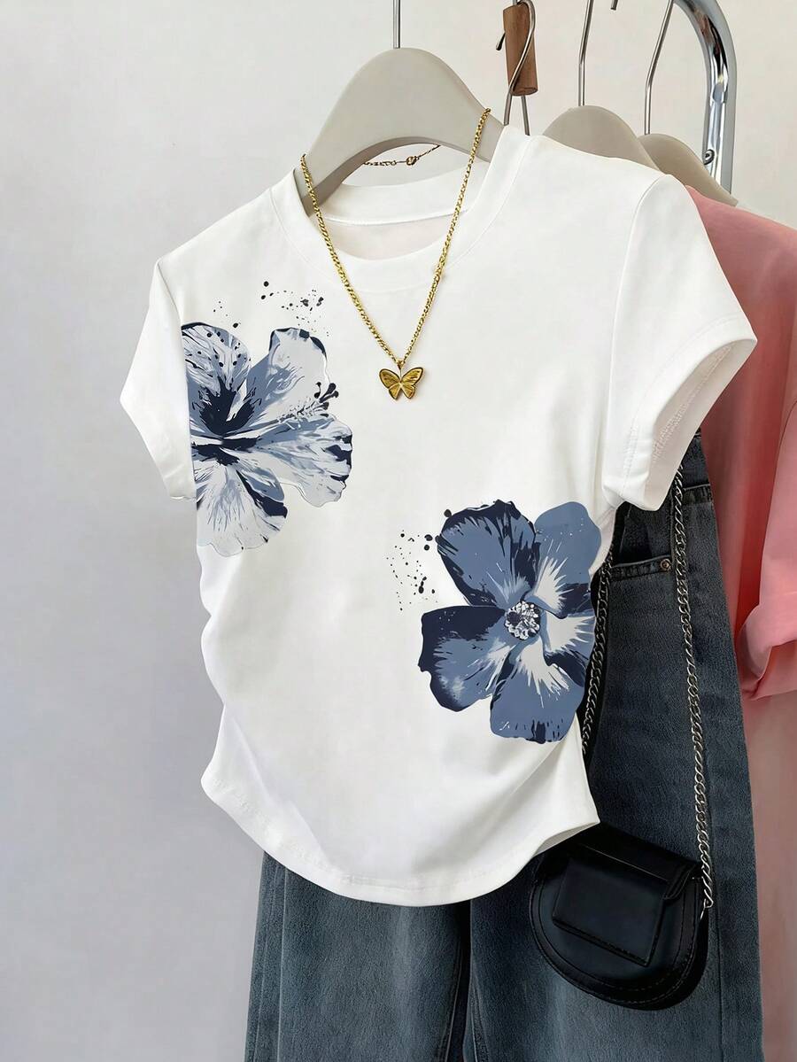 Resyla Áo thun tay ngắn họa tiết hoa vẽ mực phóng đại mùa hè mới, áo thun thường ngày giúp thon gọn vòng eo cho nữ mặc hàng ngày, mua sắm, hoạt động ngoài trời, áo thun - trắng - Xem 1