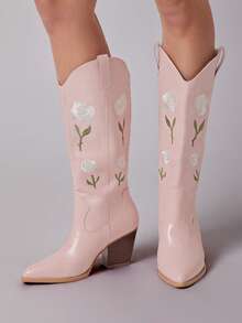 Solezae Women's Glamorous Point Toe Block Heel Embroidery Mid-Calf Cowgirl Boots For Christmas - Pink - View 4