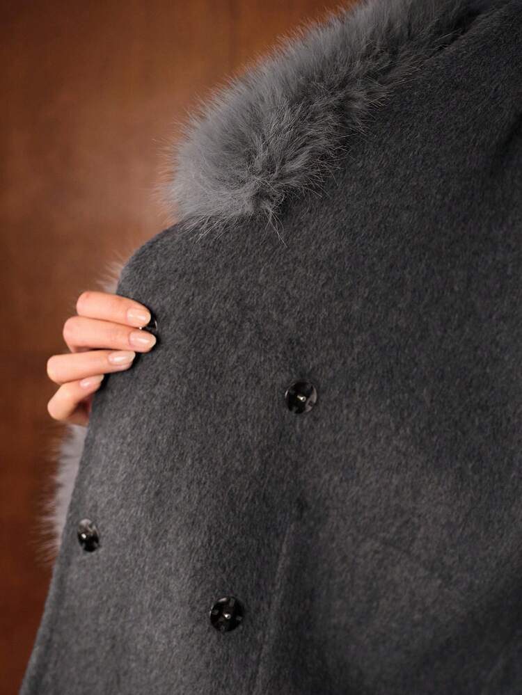 WOOL BELTED CONTRAST FAUX FUR OVERCOAT