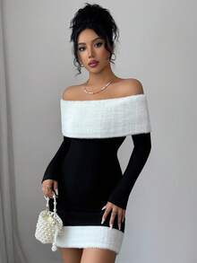 Modelyn Elegant Off Shoulder Knitted Fuzzy Color Block Mini Dress For Party, Autumn/Winter - Black and White - View 4