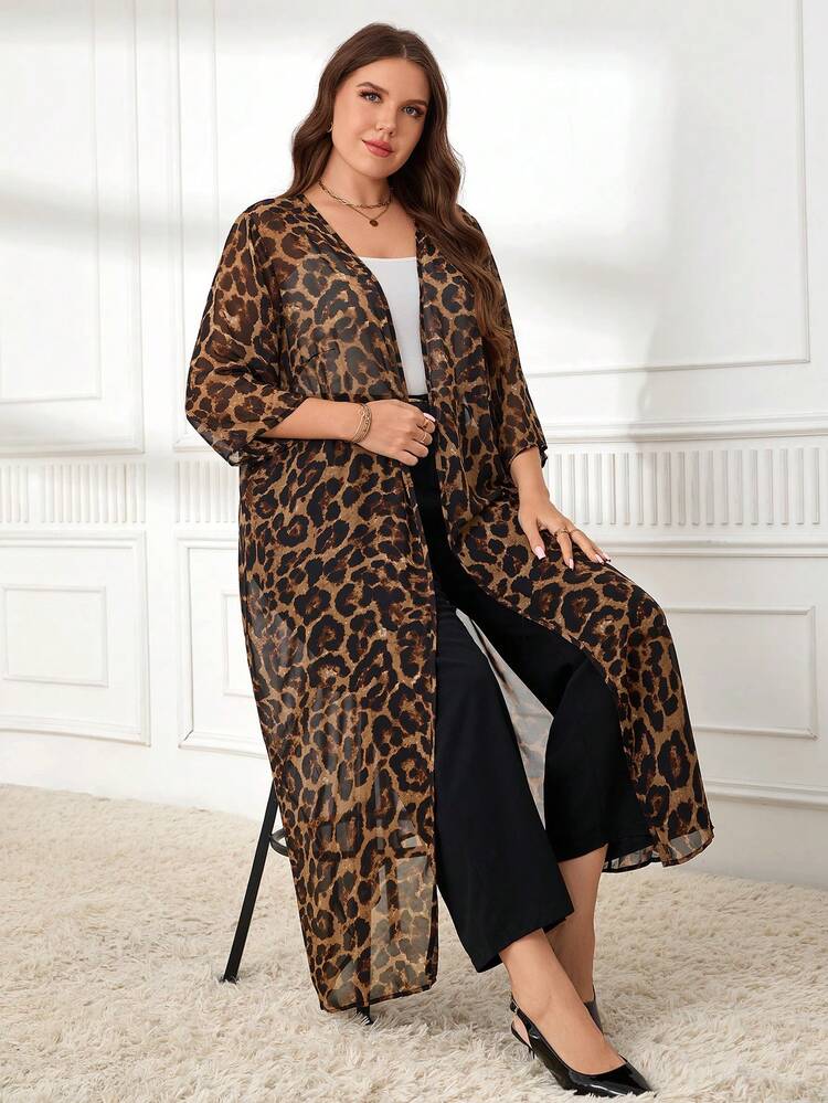 Plus Size Women's Casual Leopard Print Longline Kimono Cardigan: Semi-Sheer Woven Fabric, Three-Quarter Sleeves, And Open Front Design For Effortless Style ,Spring