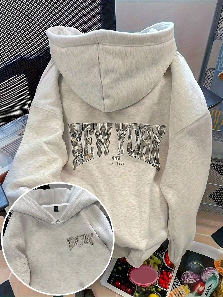 Flirla Plus Size Women's Slogan Letter 'NYC ALL GIRLS TEAM SPORTS CLUB' City Name Graphic Print Thermal Drawstring Hoodie