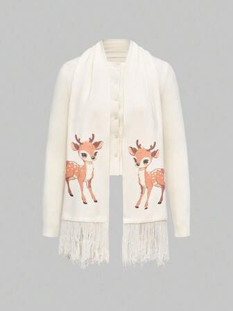 Fairycore 2 pièces Ensemble écharpe et cardigan à motif de cerf pour femmes