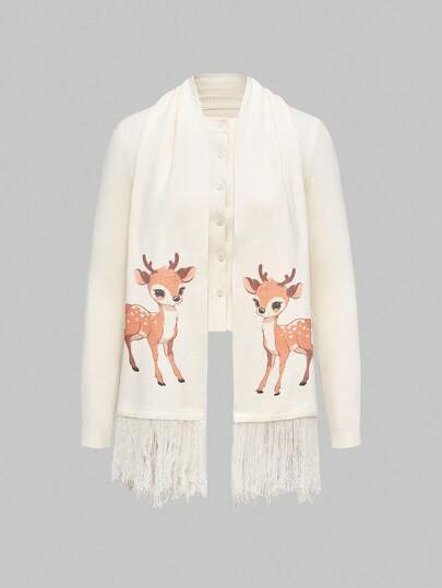 Fairycore 2pcs Women's Deer Pattern Scarf And Cardigan Set