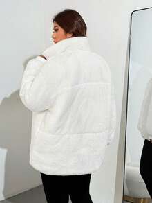 Enliva Melanieangelese Plus Size Women Casual Warm Zip-Up Stand Collar Loose Jacket, Autumn/Winter, For Apple Rounded Body Shape - White - View 2