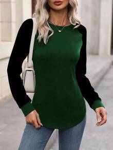 Women Casual Color Block Raglan Sleeve Long Sleeve T-Shirt, For Autumn Daily Wear Graphic Tees Women Tops For Spring - Dark Green - View 4